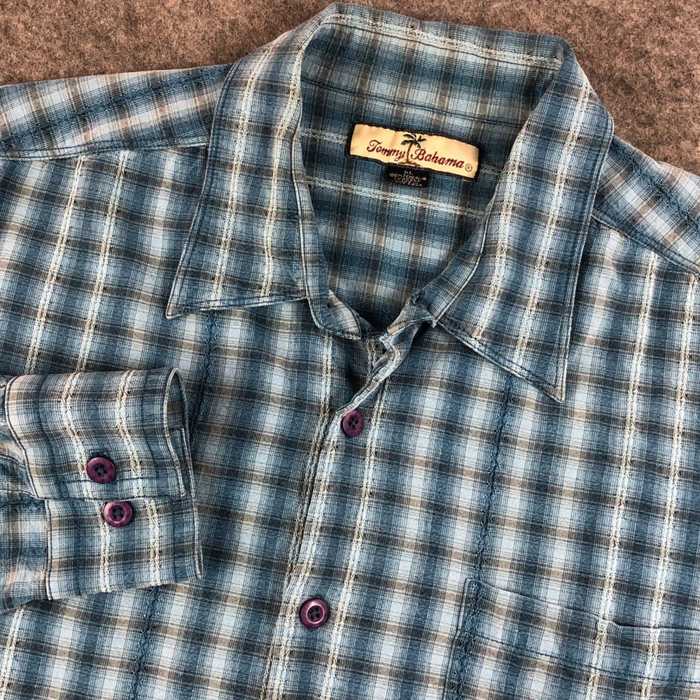 Tommy Bahama Men's XL Blue Plaid Tencel Lyocell Long Sleeve Shirt Resort Island